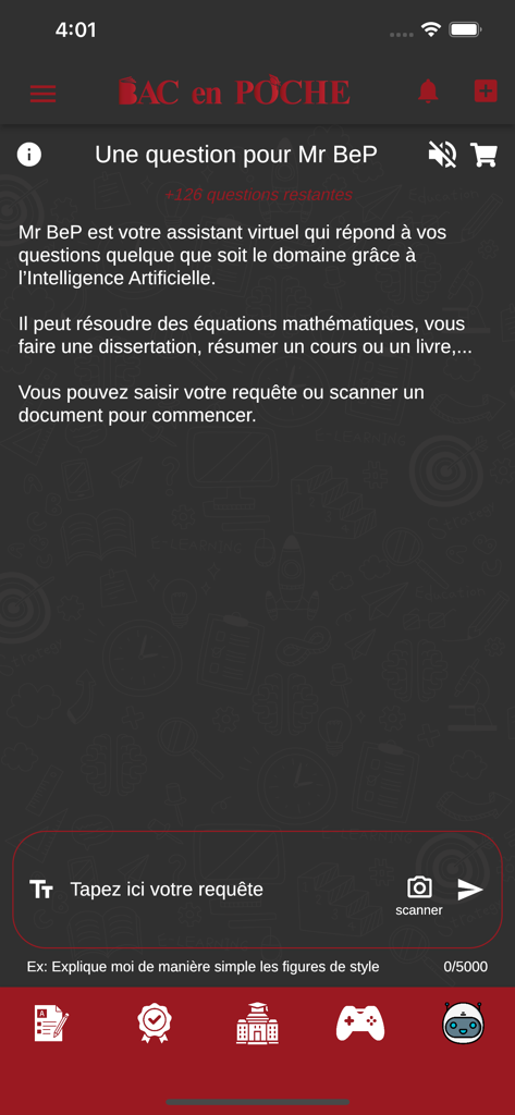Bac en Poche Senegal - Interface d'assistant virtuel IA pour la préparation aux examens des étudiants dans l'application Bac en Poche Sénégal.