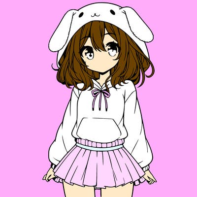 pretty anime girl wearing a fluffy hoodie with bunny ears on the hood and a skirt