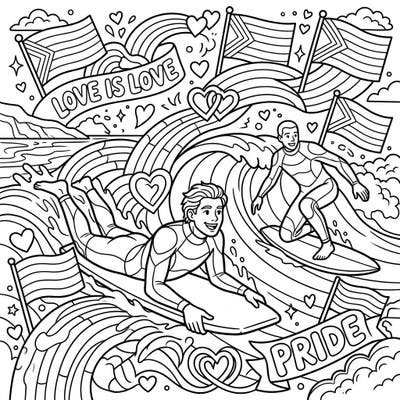 Celebrate the joy of Pride Month with this exciting coloring page featuring bodyboarders catching waves. Immerse yourself in a scene filled with rainbows, flags, and hearts, ready for your creative colors.
