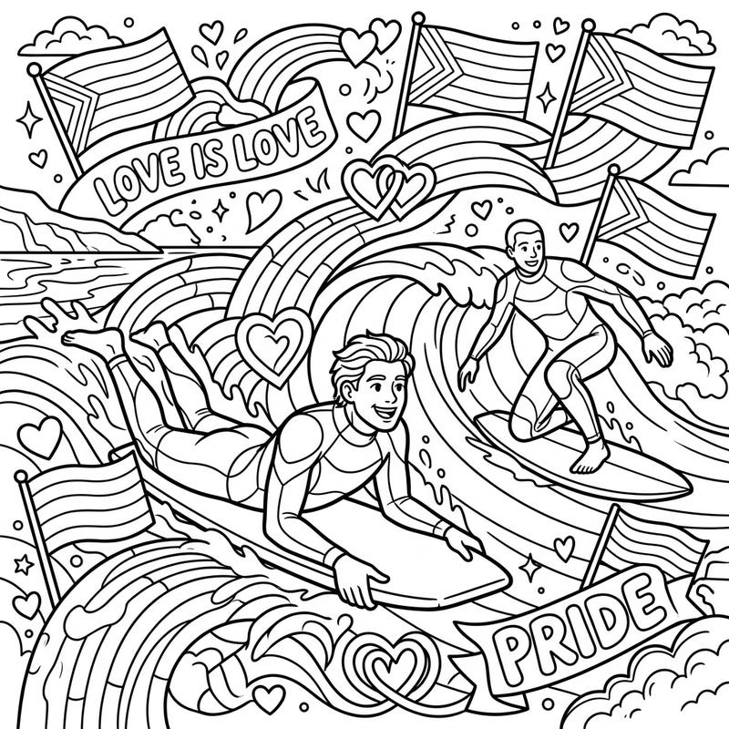 Celebrate the joy of Pride Month with this exciting coloring page featuring bodyboarders catching waves. Immerse yourself in a scene filled with rainbows, flags, and hearts, ready for your creative colors.