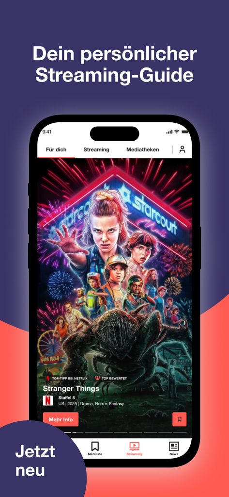 TV SPIELFILM - TV Programm - TV SPIELFILM mobile app interface showing a personalized streaming guide featuring the series Stranger Things