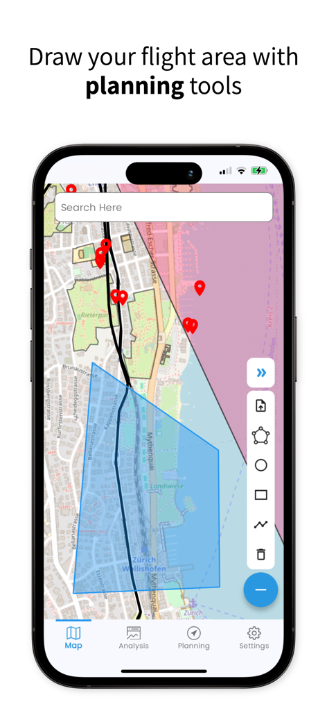 SkyGuard for Drones - SkyGuard app interface showing a map with a blue polygon representing a planned drone flight area and various drawing tools.