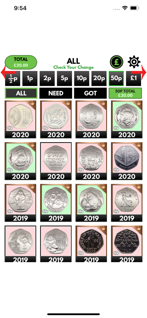 Check Your Change - Interface of the Check Your Change app showing a catalog of UK 50p coins with collection status labels