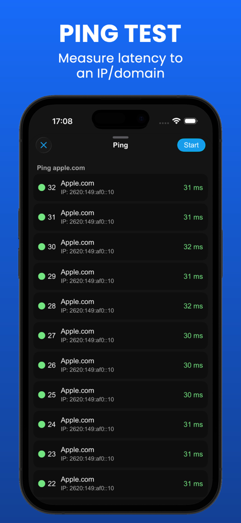 WIFI Analyzer - DNS Speed Test - Écran de smartphone montrant les résultats d'un test de ping réseau pour un domaine avec des mesures de latence en millisecondes.