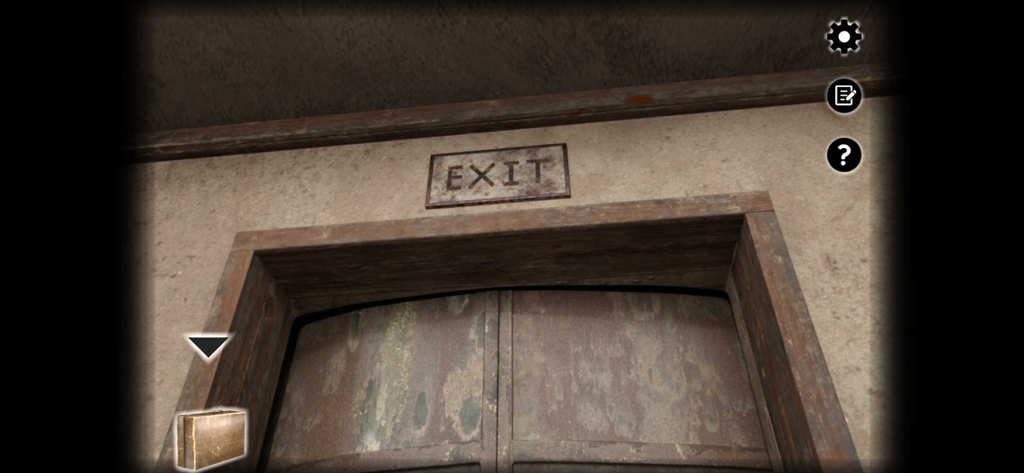 Haven - Escape Room Game - Close-up of a rusted metal exit door and sign in the Haven atmospheric puzzle game