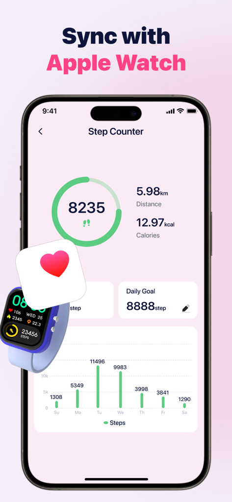 Health Keeper: Pulse Monitor - Health Keeper app interface displaying step count progress daily goal and activity reports with Apple Watch synchronization feature