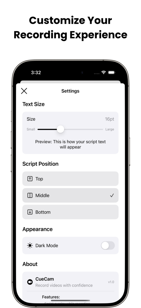 CueCam app settings screen showing customization options for text size script position and dark mode toggle