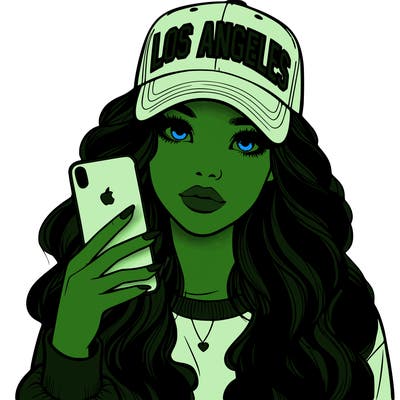 realistic beautiful girl wearing los ángeles cap holding an iphone