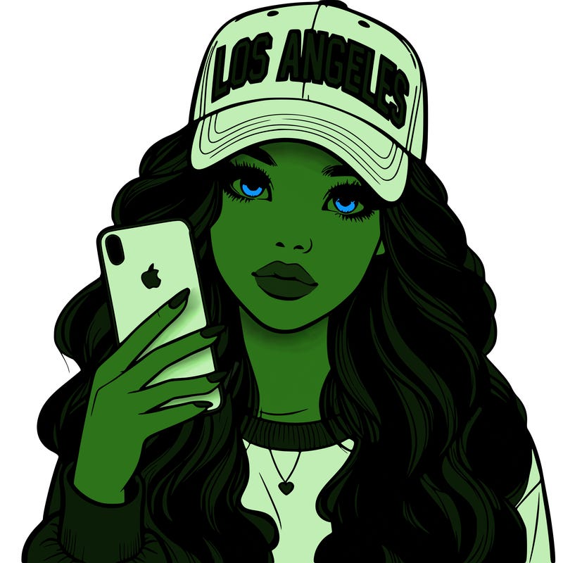 realistic beautiful girl wearing los ángeles cap holding an iphone