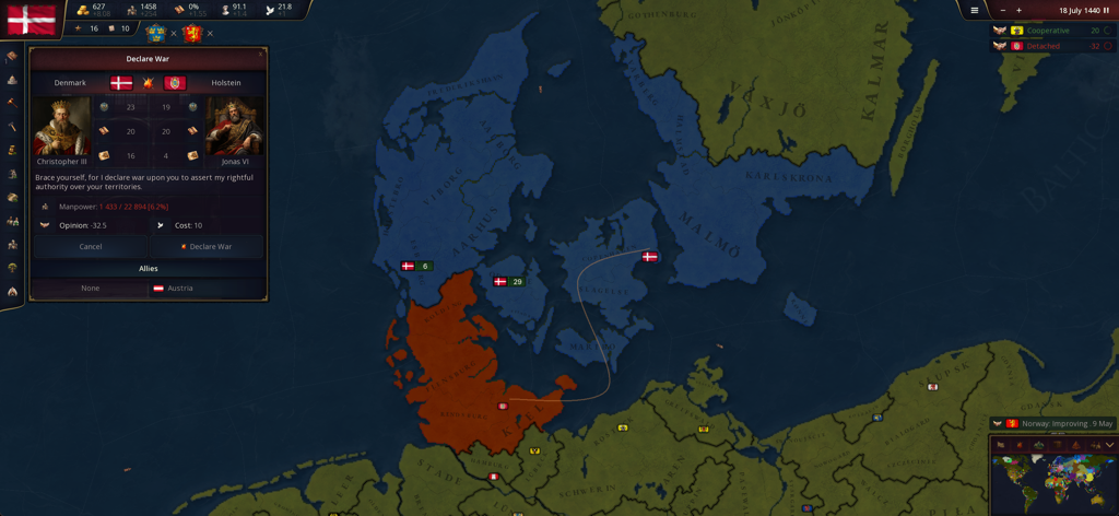 Menú de declarar la guerra en Age of History 3 que muestra opciones diplomáticas entre Dinamarca y Holstein sobre un mapa del mundo.