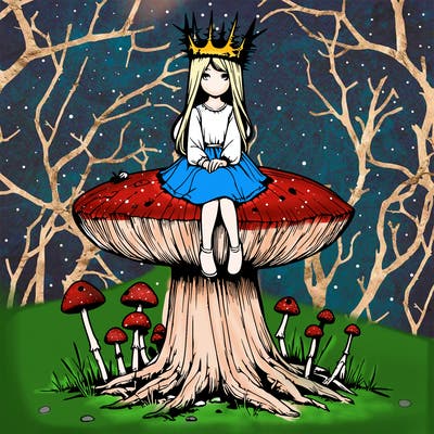 realistic girl sitting on a huge tree stump size toadstool with thorn crown
