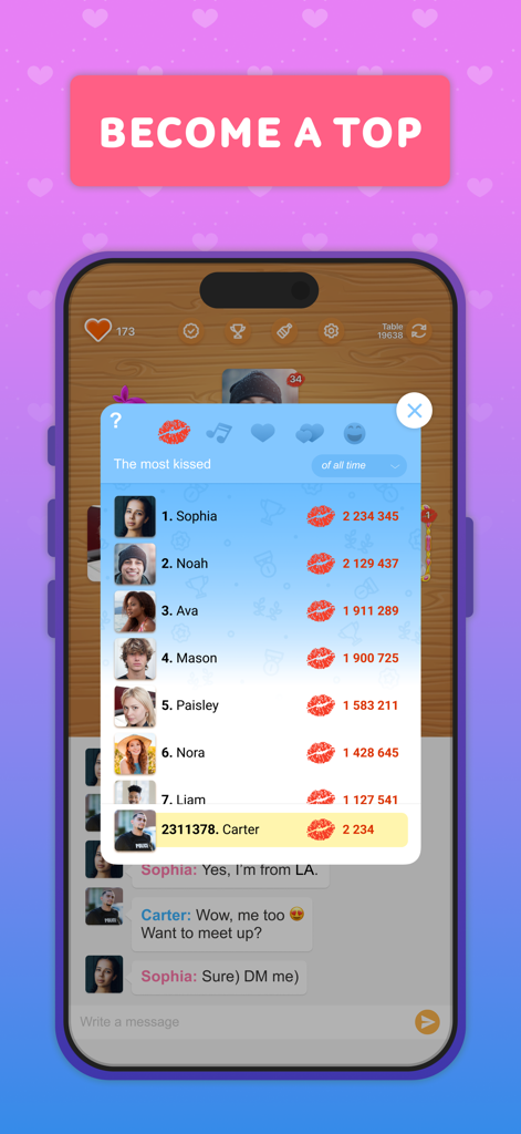 Spin the Bottle: make friends - Spin the Bottle app leaderboard showing the most kissed players and group chat.