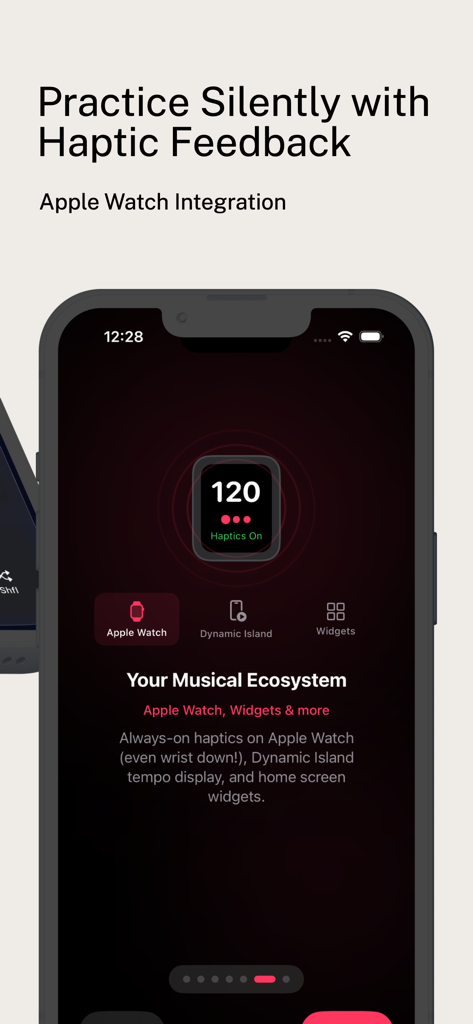 Metronome & Tuner: Tap Tempo - A mobile app screenshot showing Apple Watch integration for silent practice with haptic feedback and Dynamic Island support.