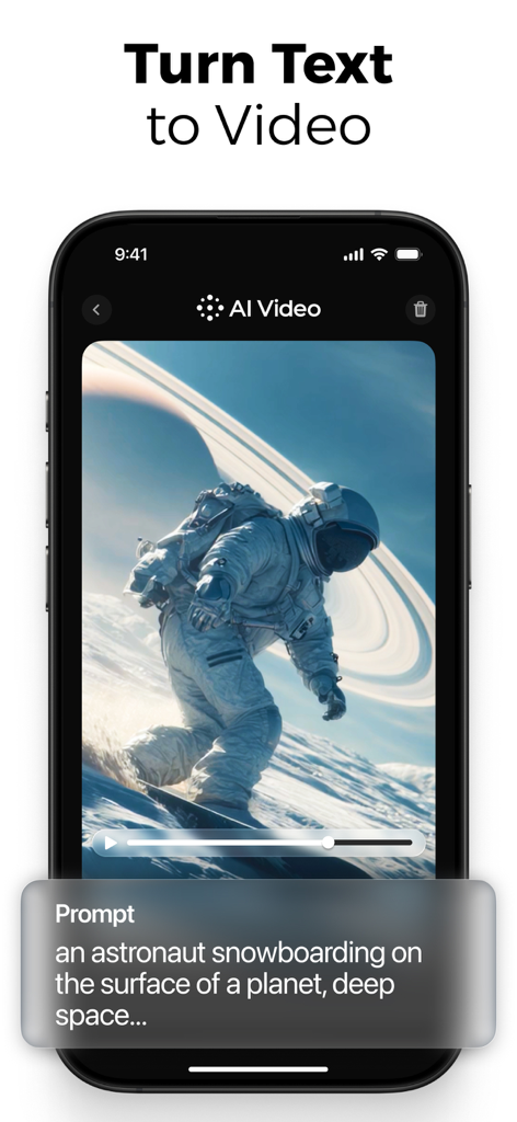 Mobile app interface showing an AI generated video of an astronaut snowboarding on a planet based on a text prompt.