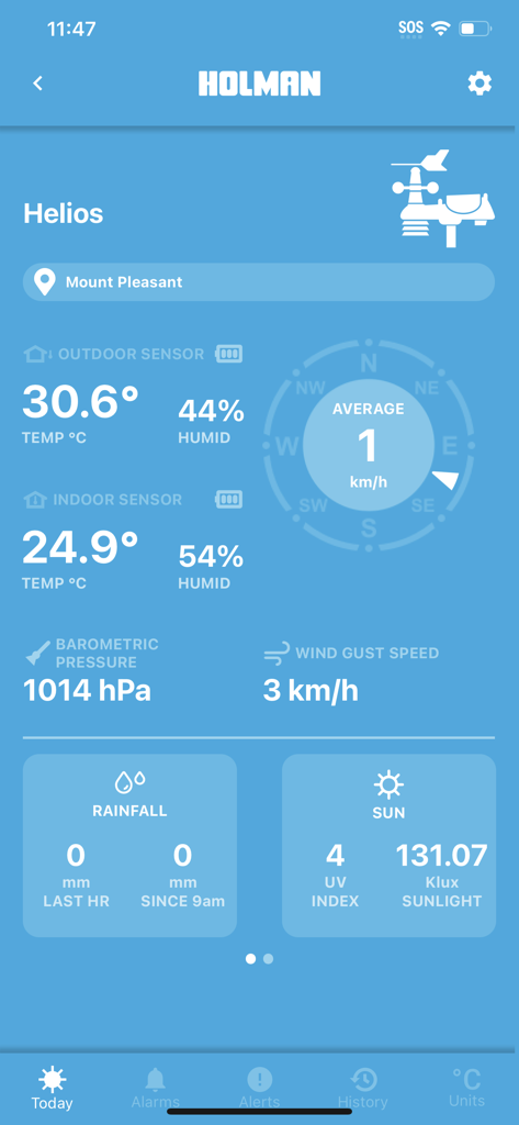 Holman Home - Dashboard dell'app Holman Home che mostra dati meteorologici in tempo reale da una stazione meteorologica Helios
