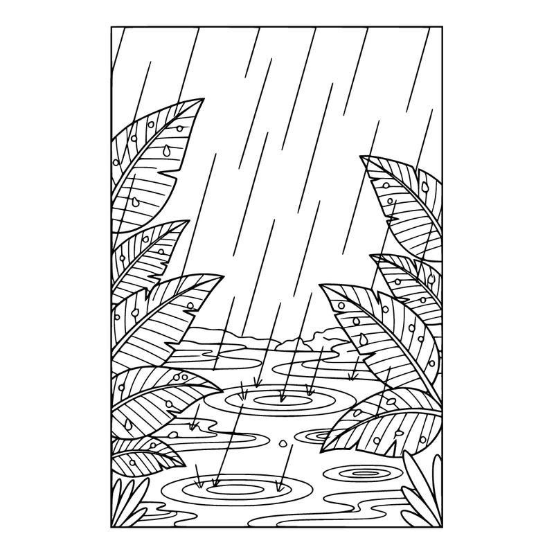 rain falling softly on leaves and puddles thin lines to color