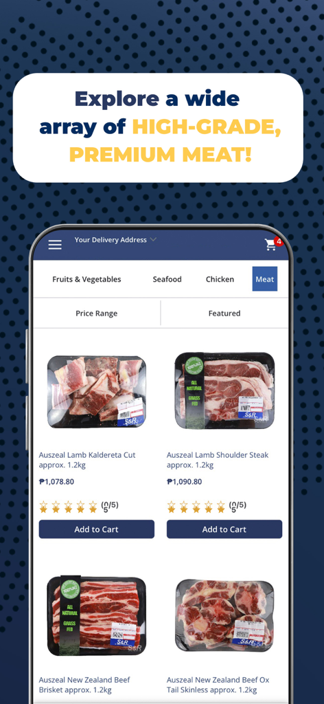 S&R Shopping - S und R Shopping Mobile App-Bildschirm, der Premium-Fleischsorten wie Lamm und Rindfleisch für die Lieferung anzeigt.