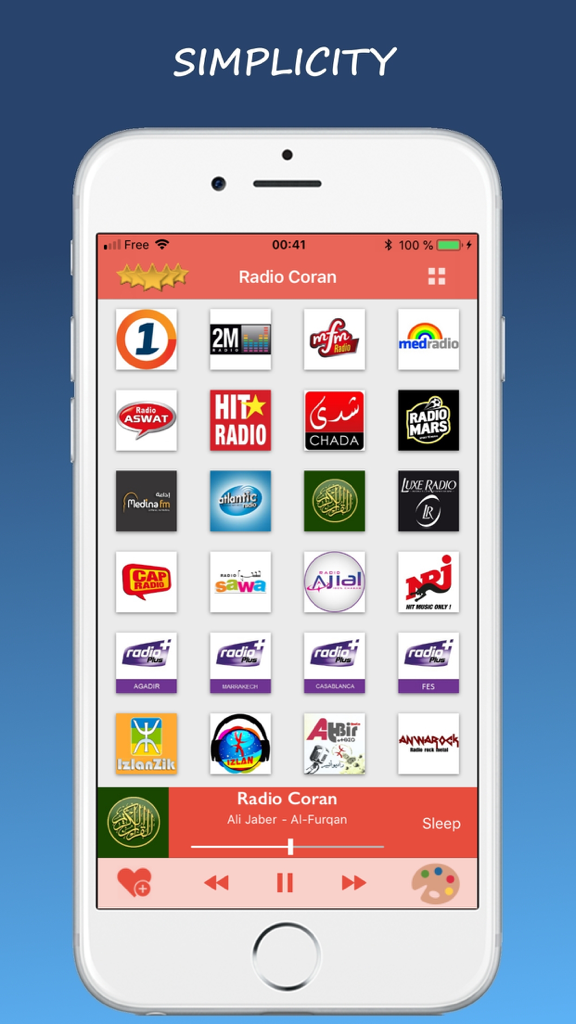 User interface of the Radio Morocco app displaying a grid of Moroccan radio station logos on a mobile phone.