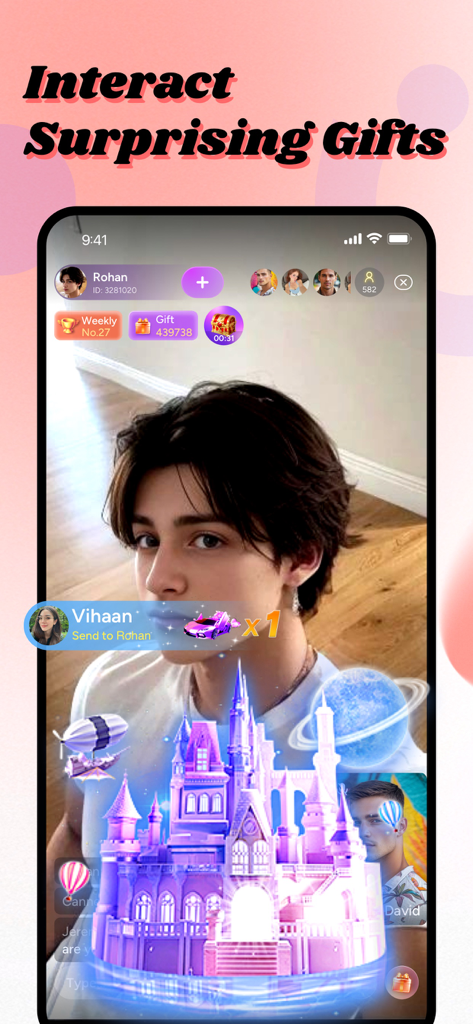 A live stream interface showing interactive virtual gifts like a castle and car