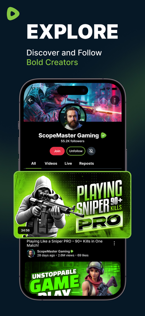 Captura de tela da página Explorar do aplicativo Rumble apresentando o perfil de um criador de jogos e miniaturas de vídeo.