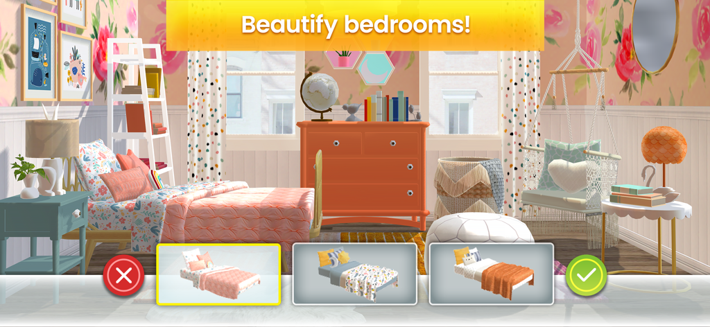 A gameplay screenshot of Property Brothers Home Design showing options to customize and beautify a bedroom