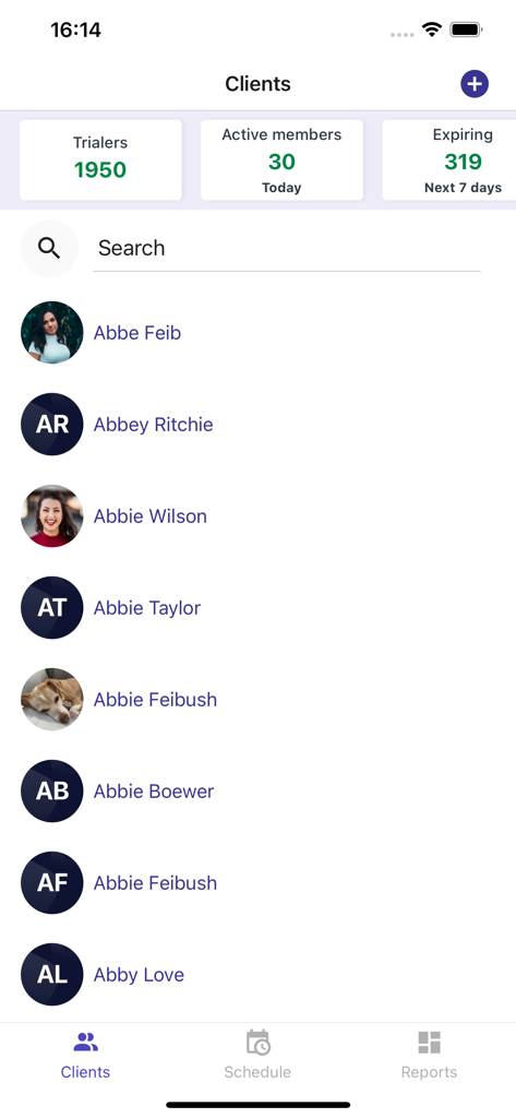 Glofox Pro - Staff App - Client management interface in Glofox Pro Staff App displaying member search and membership status categories