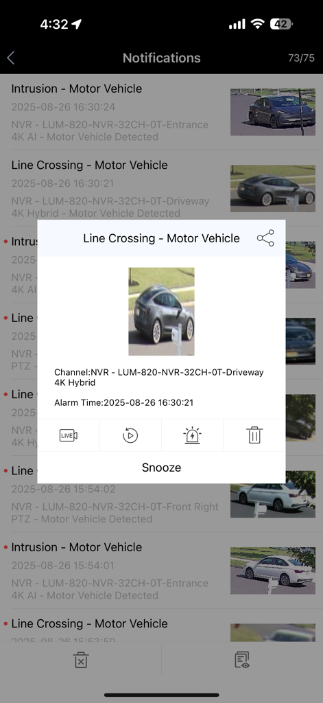 Security alert notification for motor vehicle detection in the Luma View app.