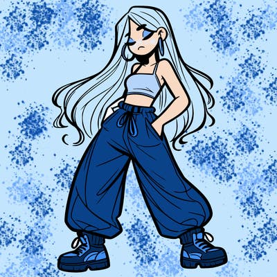 girl in baggy pants crop top and long hair
