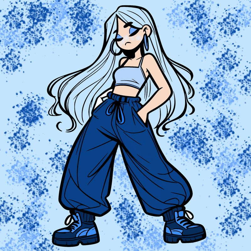 girl in baggy pants crop top and long hair