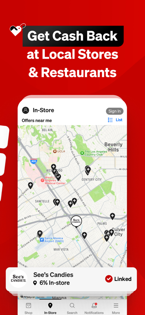 Price.com app interface showing a map of local cash back deals for stores and restaurants with a linked See's Candies offer.