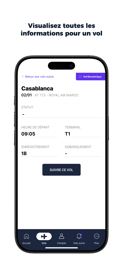 Aéroport MP - Schermata dello smartphone che mostra i dettagli del volo per Casablanca nell'app dell'Aeroporto di Marsiglia Provenza