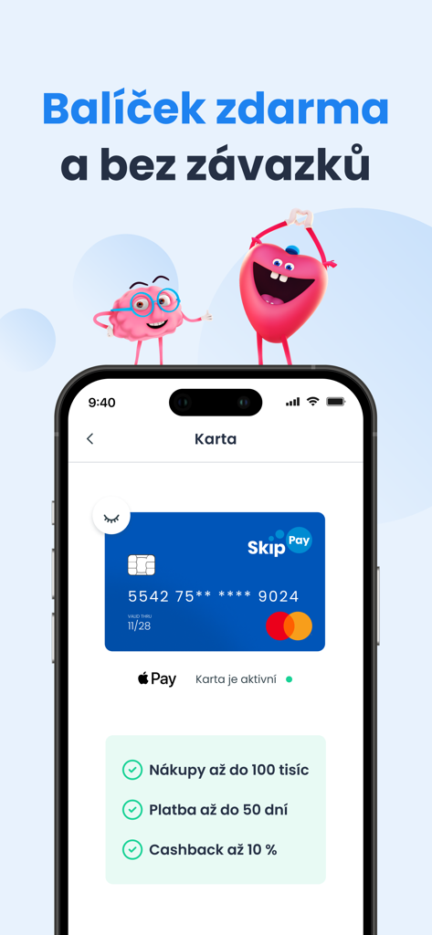 Skip Pay mobile app interface displaying a virtual Mastercard with payment flexibility benefits
