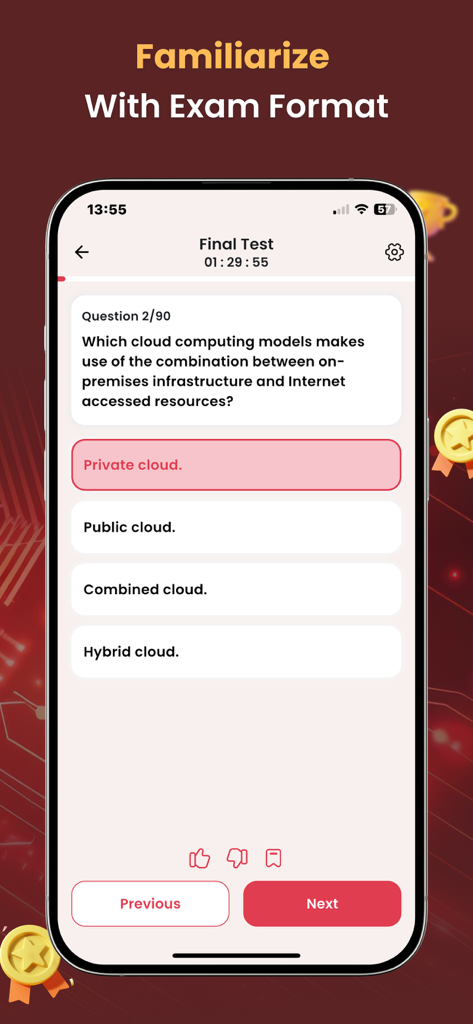 CompTIA A+ Practice Test 2026 - Ein Bildschirm mit einem CompTIA A plus Übungstest, der eine Multiple-Choice-Frage zu Cloud-Computing-Modellen mit einem Timer und einem Fortschrittstracker zeigt.