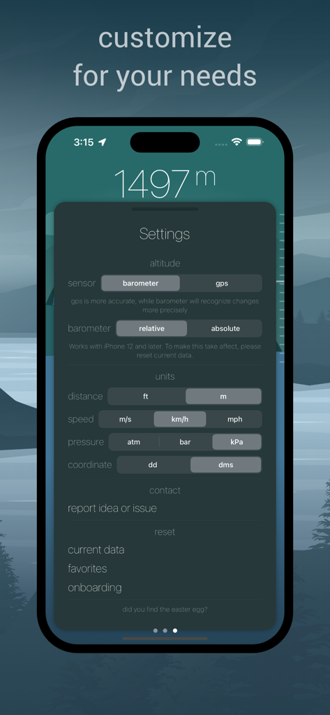 Settings screen of the menti altimeter app showing customization options for sensors and units