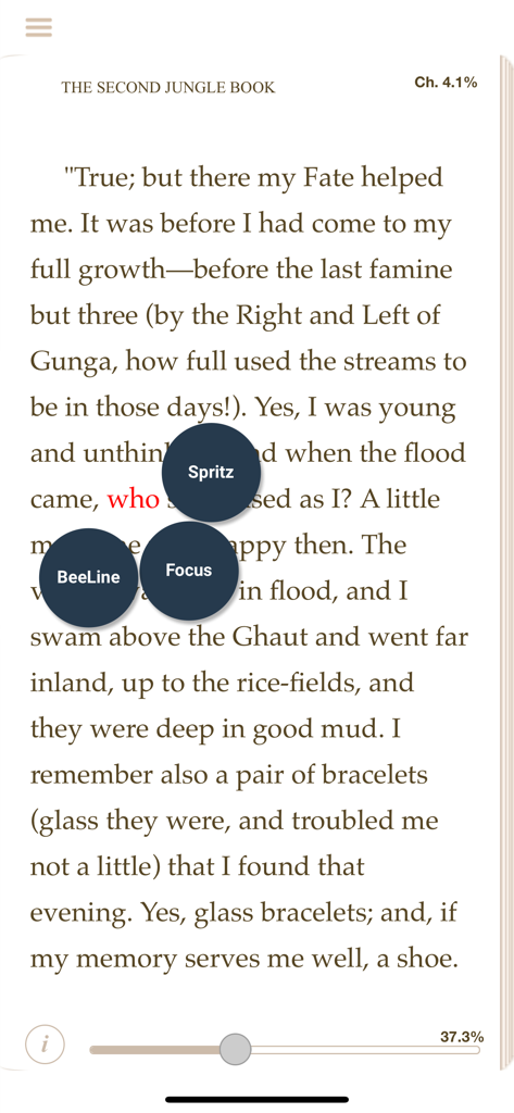 ReadMe! (BeeLine & Focus) - ReadMe app e-reader interface showing Spritz BeeLine and Focus reading tools