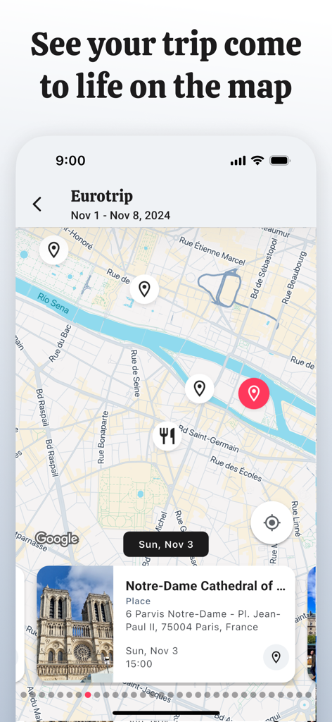 TripZen - Travel Planner - TripZen app displaying an interactive map of a Paris trip itinerary with pinned locations and a Notre Dame landmark card.