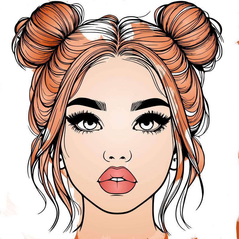 realistic girl with two buns on her hair and lips