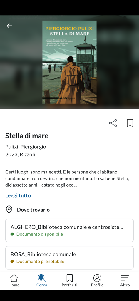 BiblioSar - BiblioSar app screen displaying details and library availability for the book Stella di mare