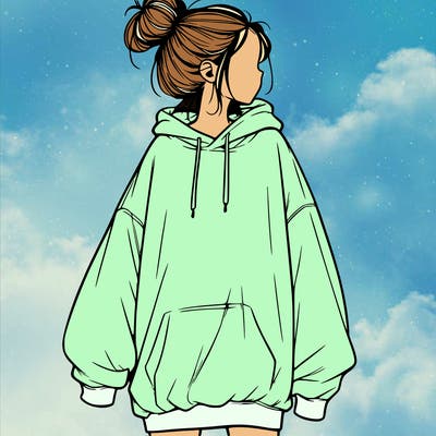 realistic girl with a oversized sweatshirt on and a bun