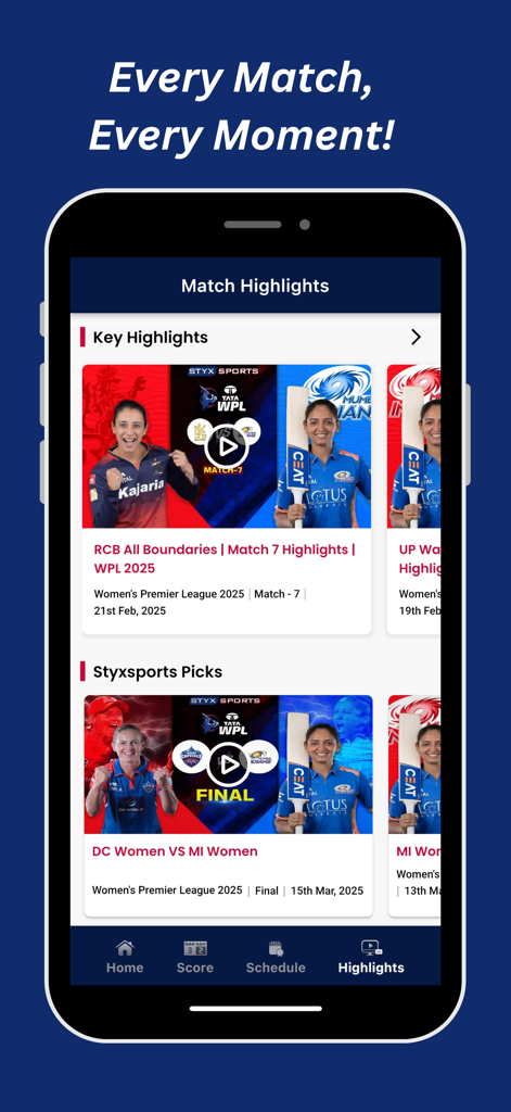 Styxsports - Match highlights screen on the Styxsports cricket app