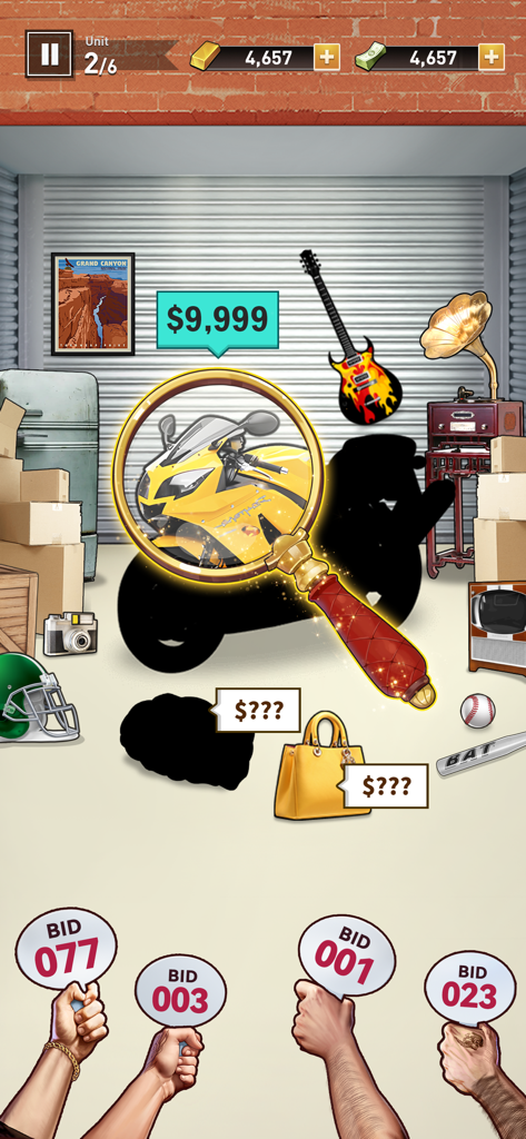 Bid Master - A gameplay screenshot of Bid Master showing a magnifying glass revealing a high value motorcycle during a storage unit auction.