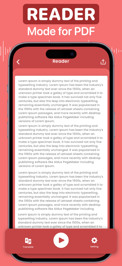 PDF Editor : Document Reader - Mobile app interface for PDF reader mode featuring text to speech and translation tools