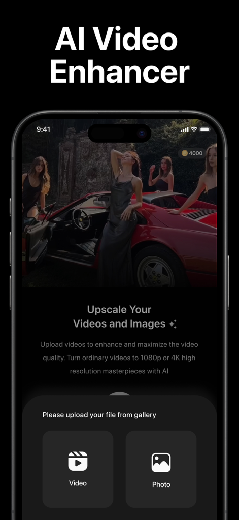 Video Enhancer Photo AI - Interface do aplicativo AI Video Enhancer mostrando opções para ampliar vídeos e imagens para resolução 4K