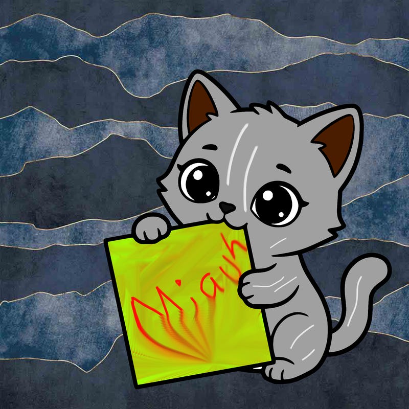 a small cat with a blank sheet of paper in its hand. the cat is sooooooo cute!