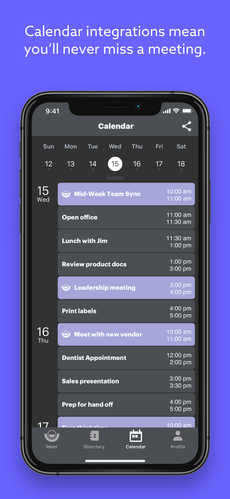 Lifesize app calendar interface displaying a daily schedule of professional meetings and integrated video calls