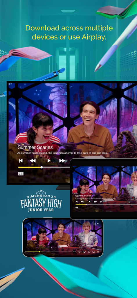 Dimension 20 passando no aplicativo Dropout em uma televisão, tablet e telefone