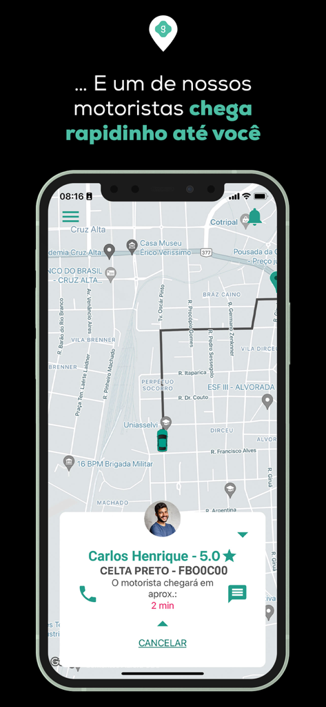 Garupa - Screenshot of the Garupa app showing a driver location on a map with estimated arrival time and driver profile