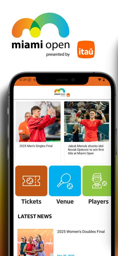 Miami Open presented by Itaú - Interfaccia dell'app mobile Miami Open con notizie e gestione biglietti