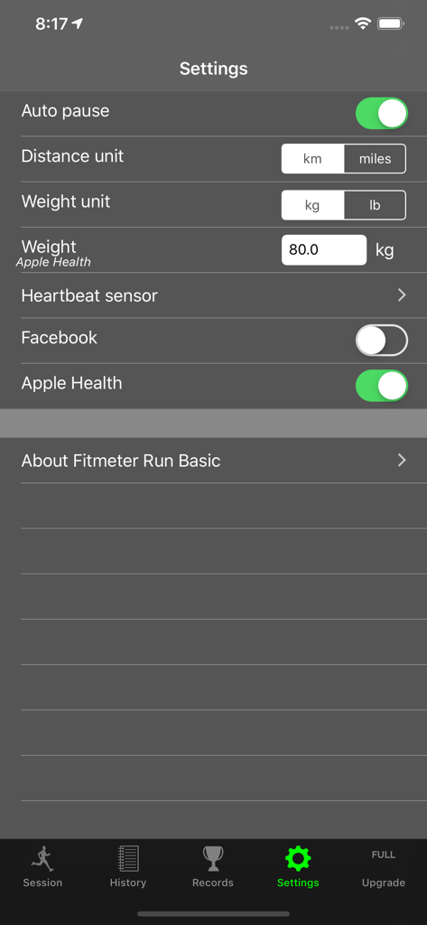 Fitmeter Run - GPS Tracker - Interface de configurações do aplicativo Fitmeter Run mostrando opções de pausa automática, unidades e integração com Apple Health