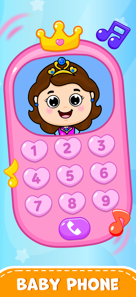 Toddler Games Baby Balloon Pop - ピンクの赤ちゃん用電話ゲームインターフェース。プリンセスキャラクターとハート型の数字ボタンが表示されます。